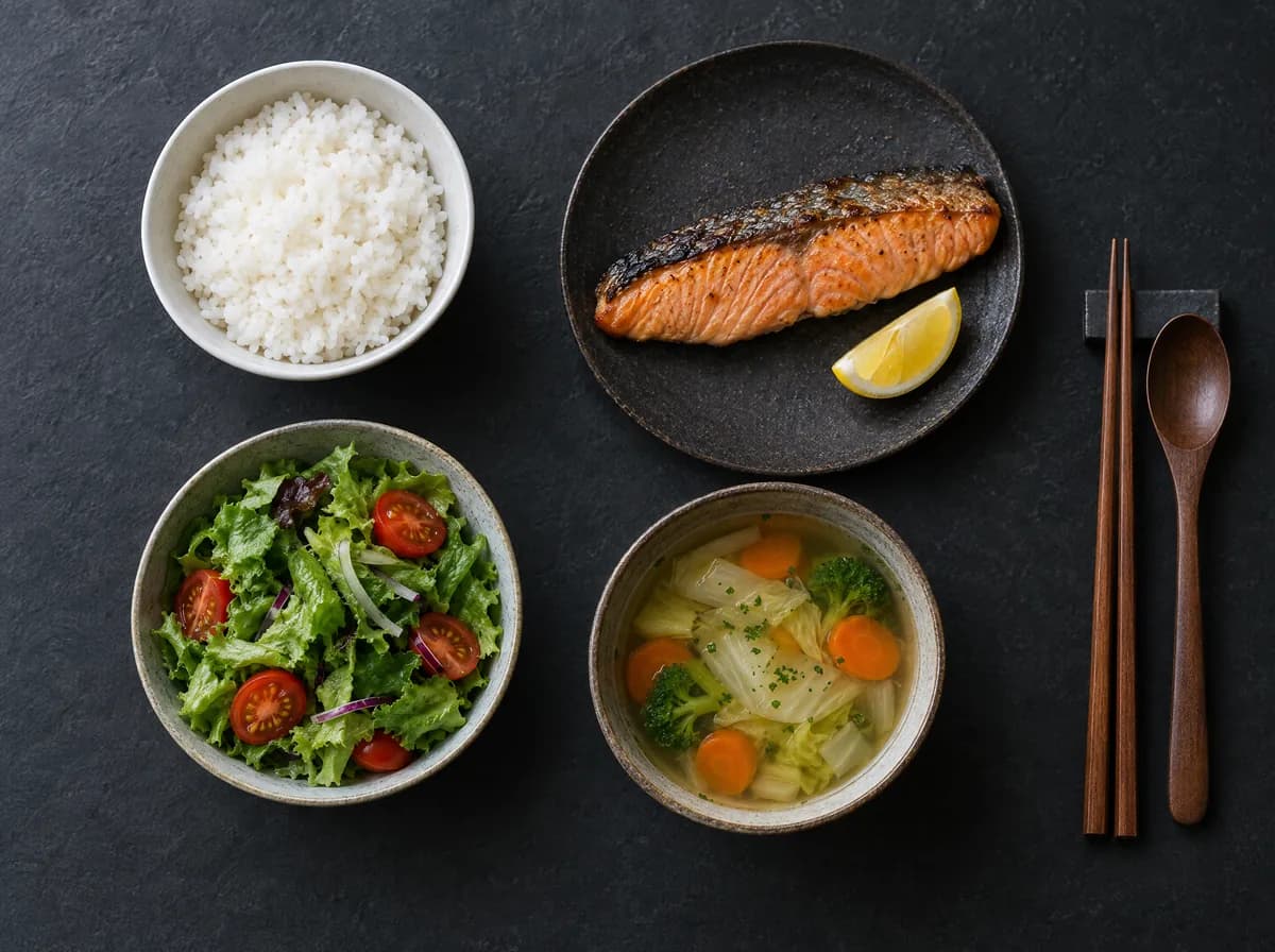 A meal seen from above: rice, grilled salmon, salad and soup